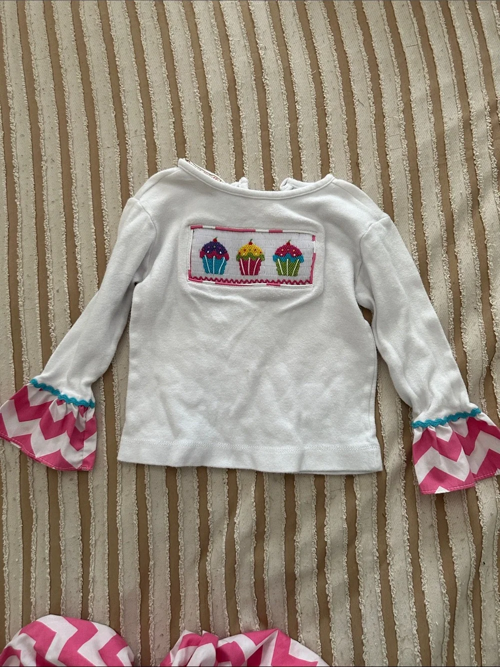 Girls Pink Chevron Pajama Set with Cupcake Motif